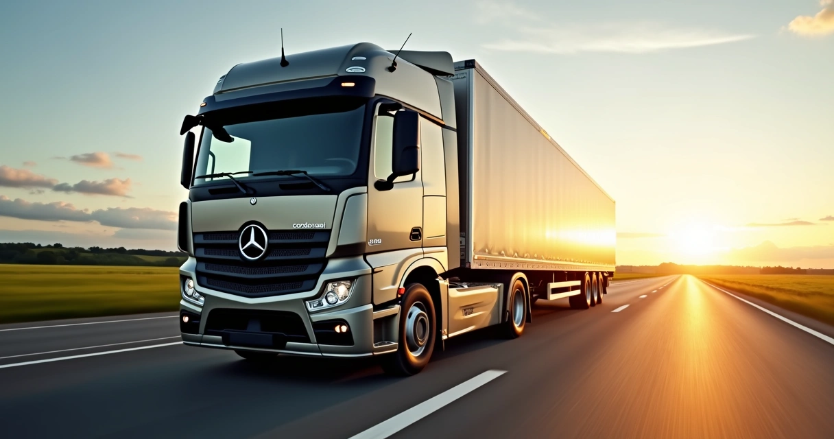 Caminhão baú moderno da Cordenonsi em rodovia brasileira ao pôr do sol 