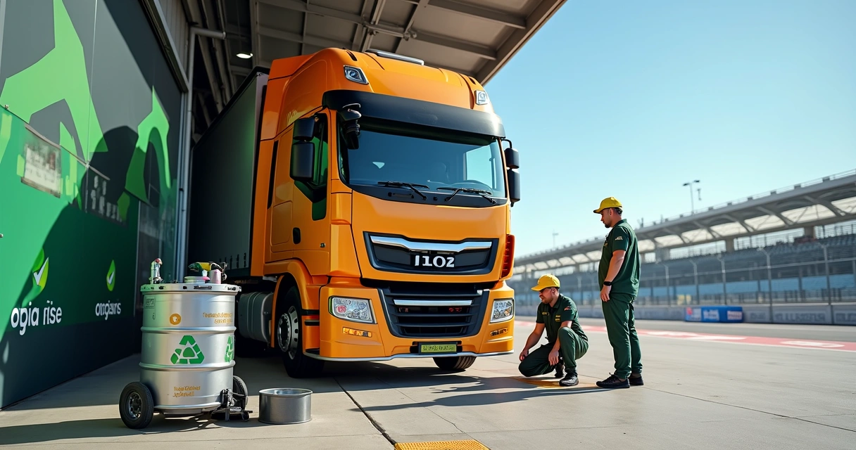 Pit stop de caminhão de corrida com coleta sustentável de óleo lubrificante 