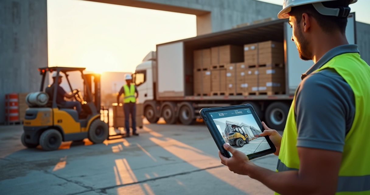 Supervisor registra em tablet entrega de material por caminhão em obra 