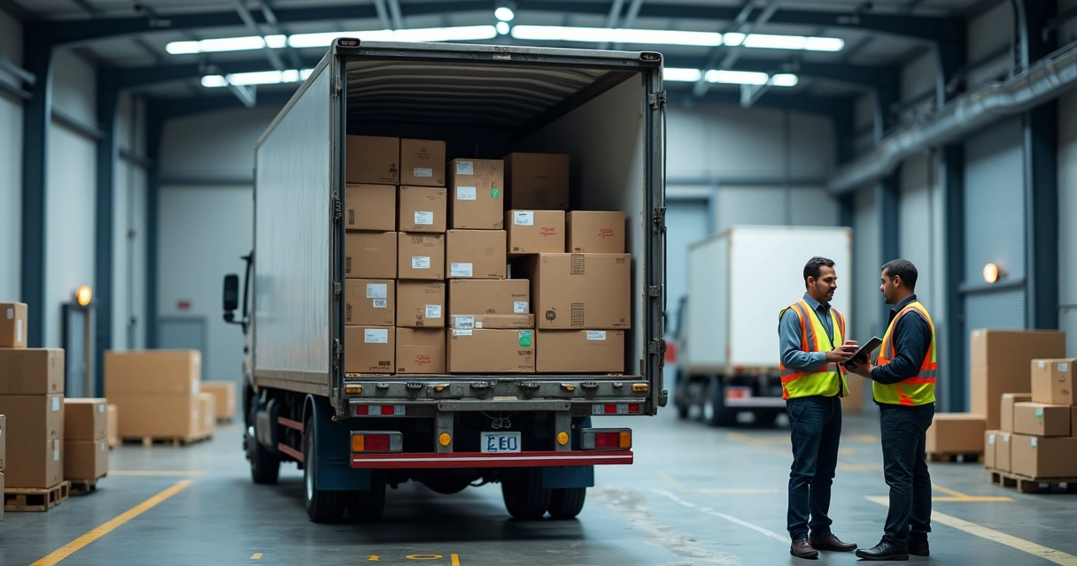 Caminhão em doca descarregando múltiplos volumes etiquetados 
