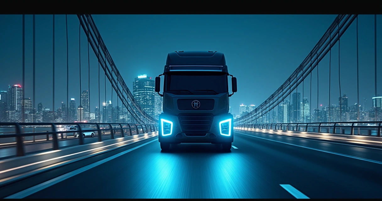 Caminhão elétrico chinês cruzando ponte iluminada à noite 