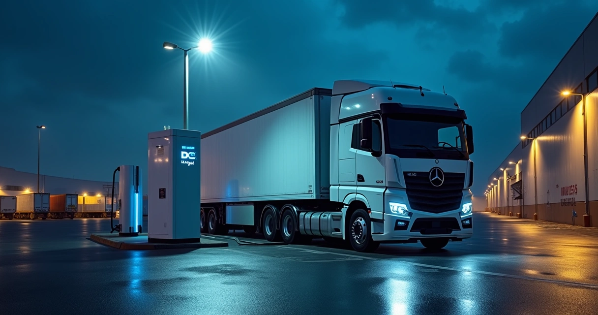 Caminhão elétrico pesado em pátio logístico iluminado à noite conectado a carregador rápido 