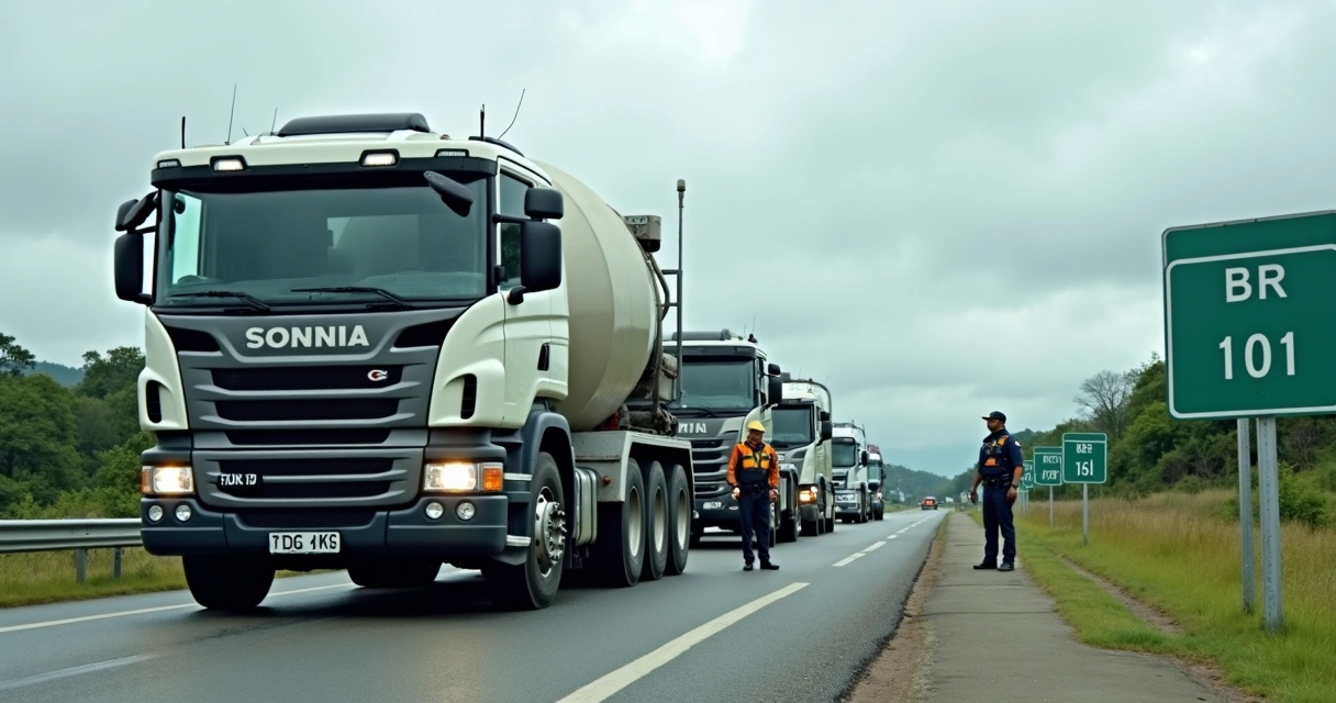 Caminhão de cimento sendo fiscalizado por agentes na rodovia BR 101, próximo a uma balança de pesagem. 