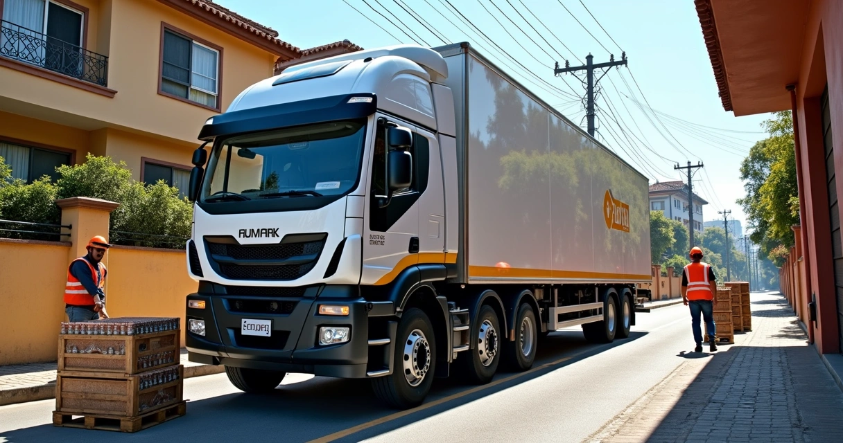 Caminhão Foton adaptado distribuindo bebidas em área urbana de São Paulo. 