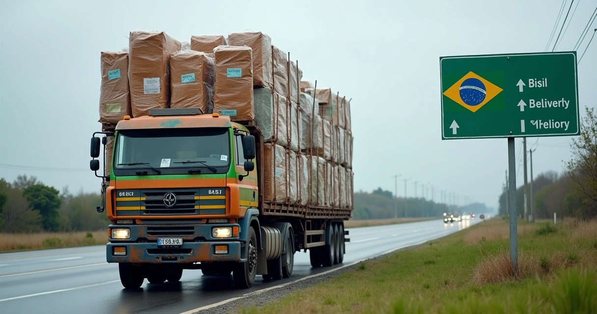 Caminhão de carga em rodovia com diversas mercadorias empilhadas e etiquetas coloridas 