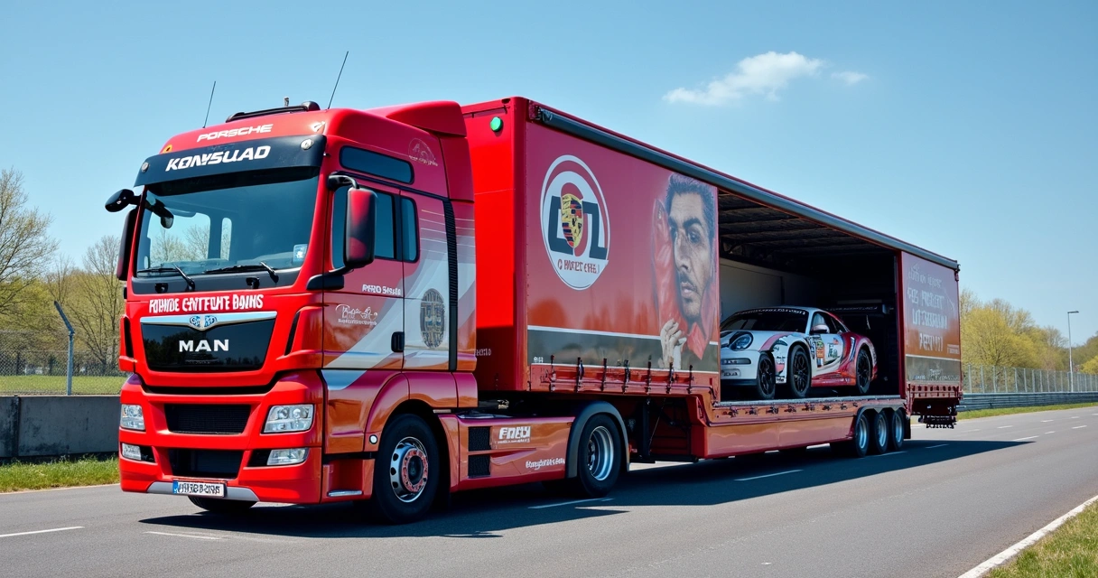 MAN TGX com pintura inspirada na Porsche Carrera Cup estacionado em autódromo 