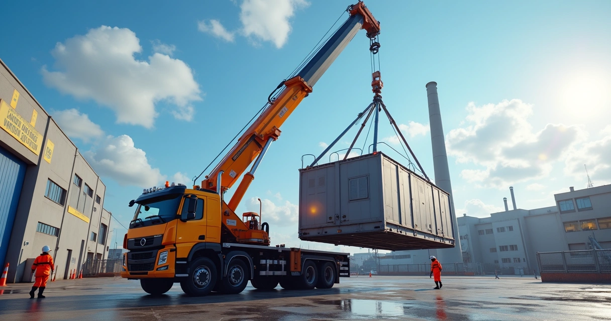 Caminhão munck içando máquina em área industrial 