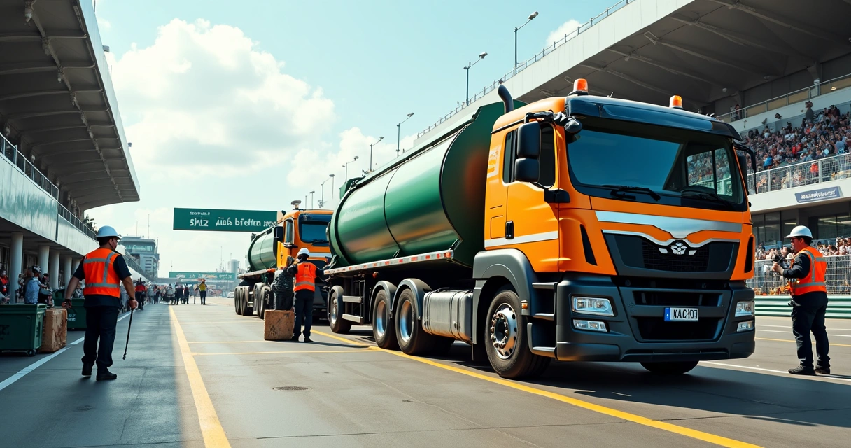 Caminhão de coleta de óleo lubrificante realizando coleta em evento de corrida de caminhões