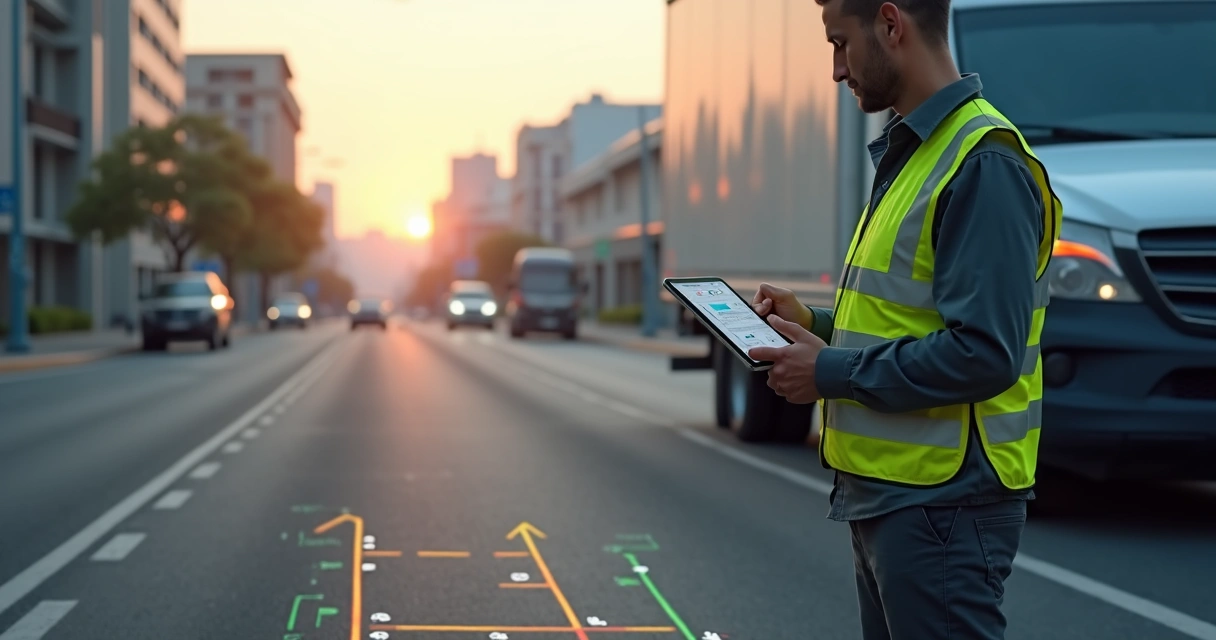 Motorista analisando rota em tablet encostado em caminhão branco 