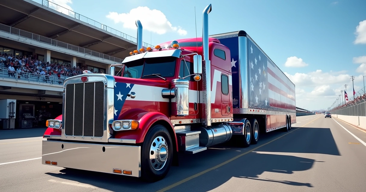 Caminhão rodoviário com pintura patriótica em evento automobilístico 
