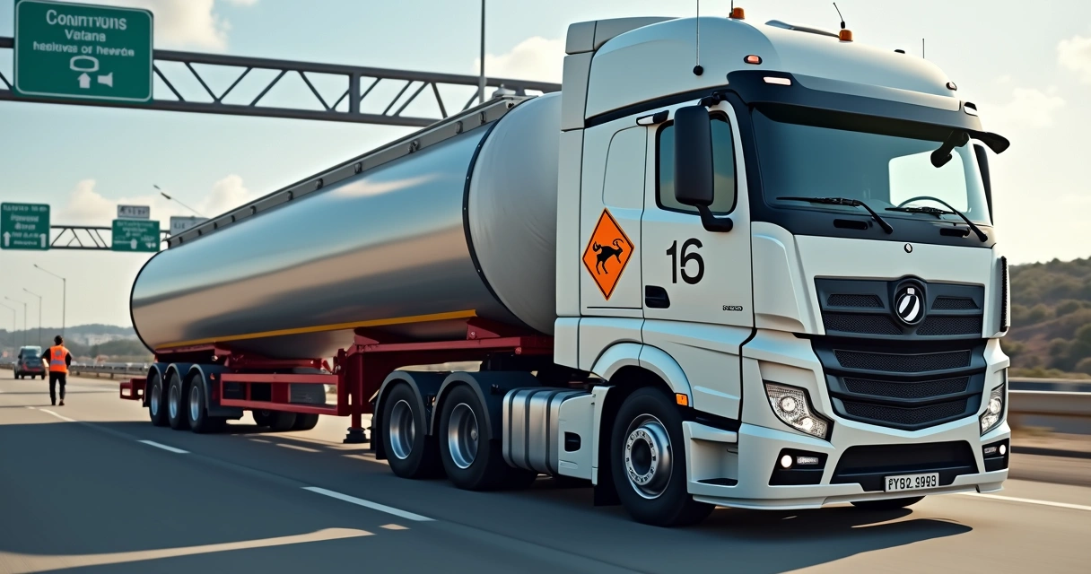 Caminhão parado com placa laranja e símbolos de produtos perigosos na lateral