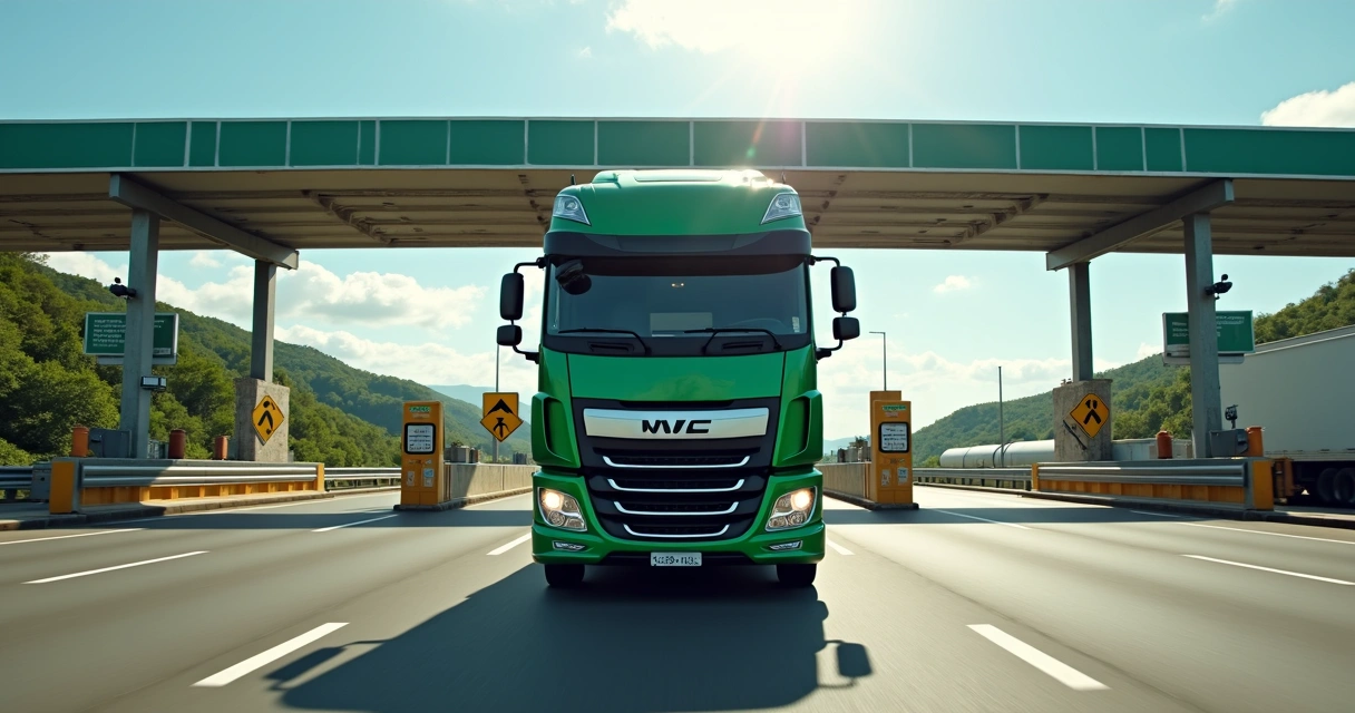 Caminhão passando por uma praça de pedágio em rodovia brasileira 