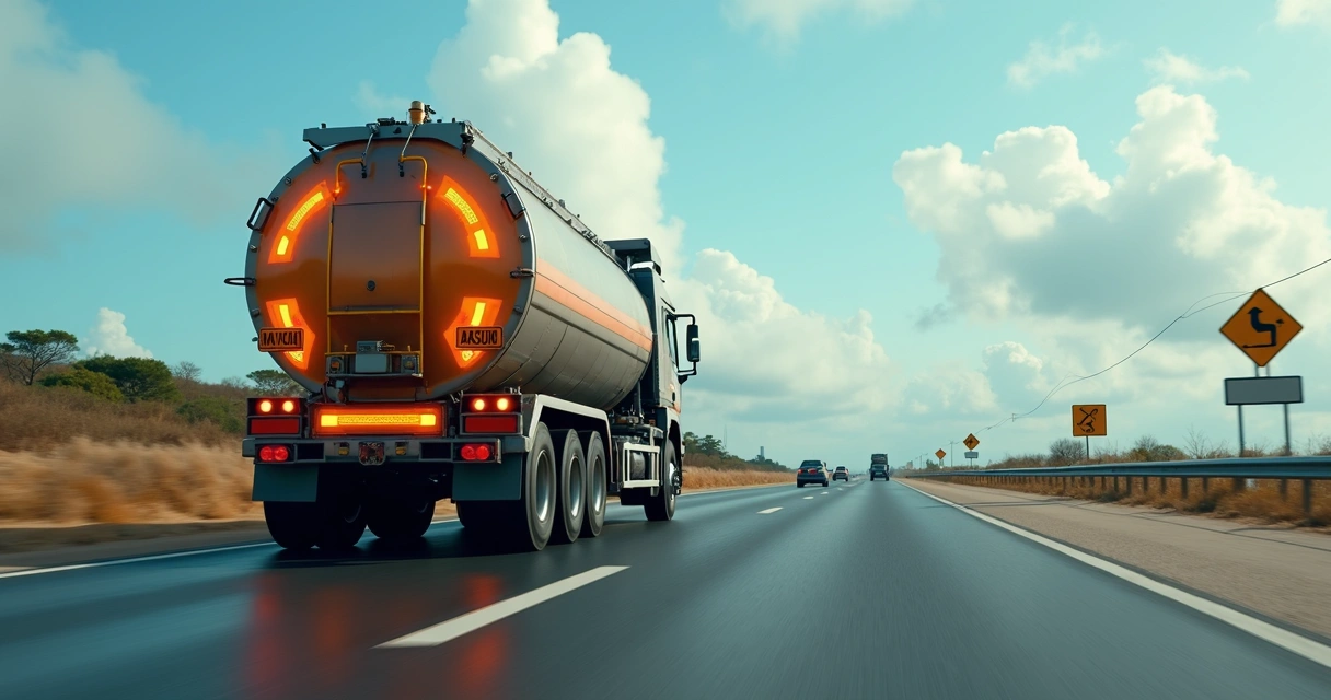 Caminhão-tanque em rodovia com sinalização de carga perigosa 