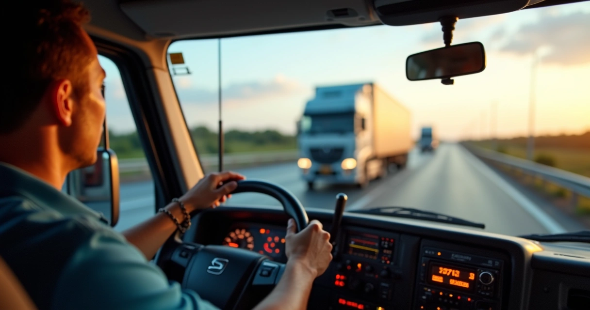Caminhoneiro usando rádio PX dentro da cabine em rodovia 