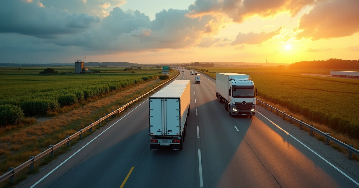 Caminhão de carga em rodovia duplicada no Centro-Oeste ao pôr do sol 