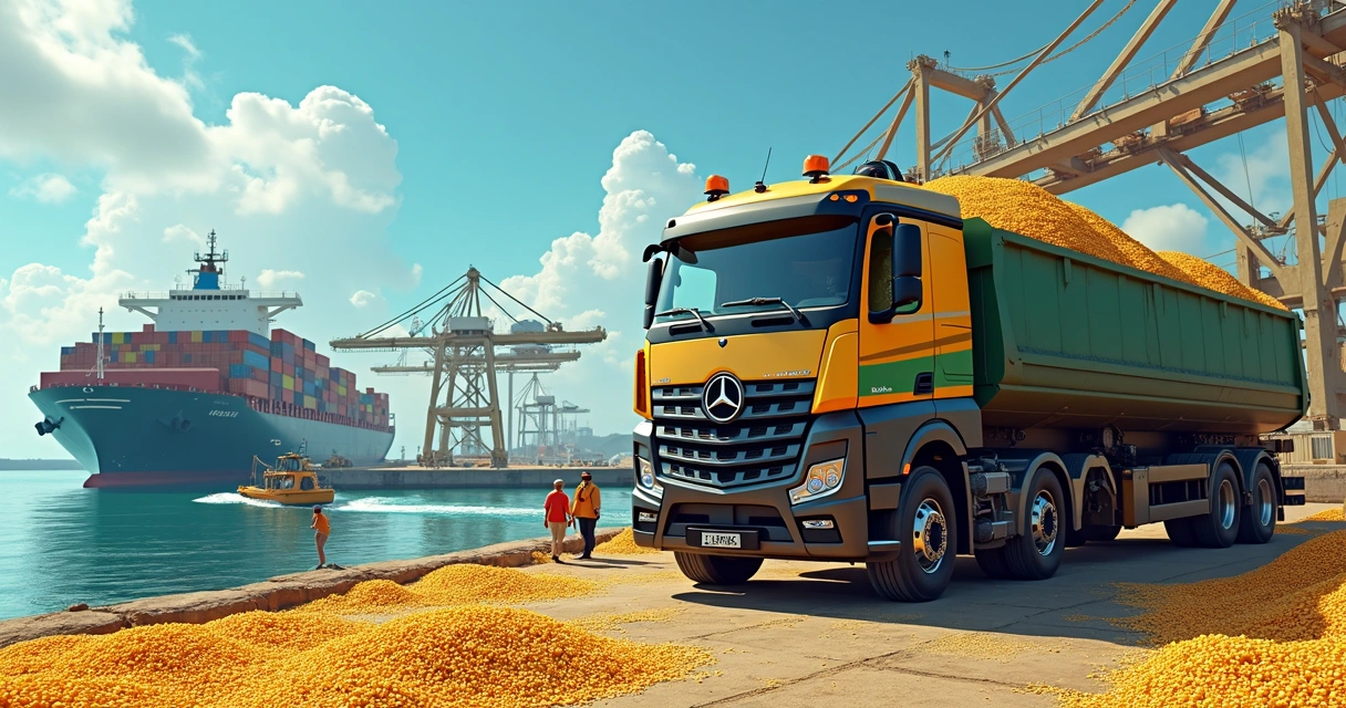 Caminhão carregado de soja em frente ao porto, com navio ao fundo 