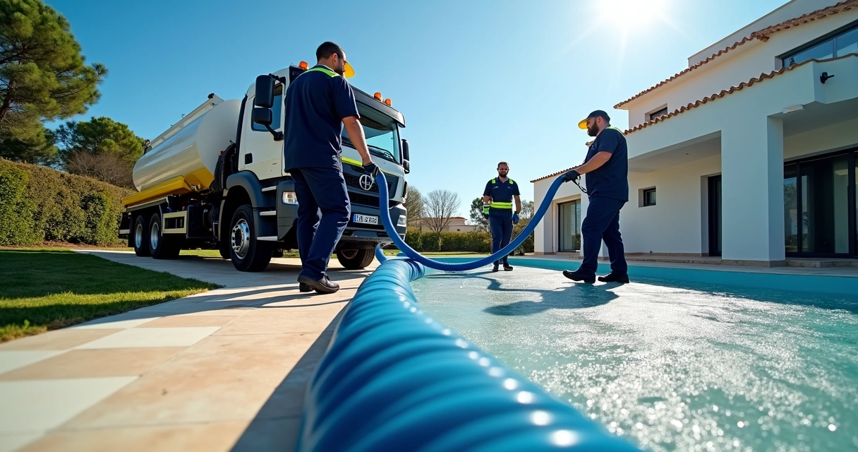Equipa utiliza camião limpa-fossas num estacionamento ao lado de piscina 