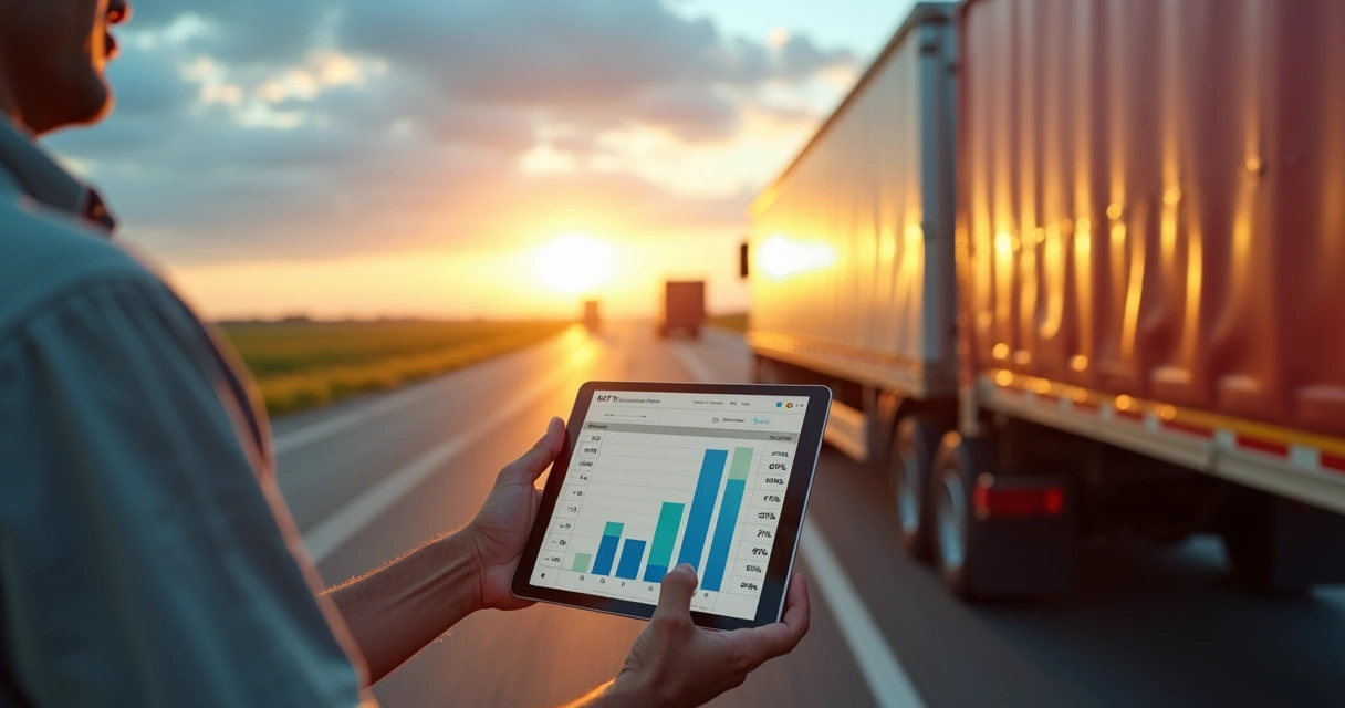 Caminhoneiro analisando tabela de frete ANTT em tablet próximo ao caminhão em rodovia 
