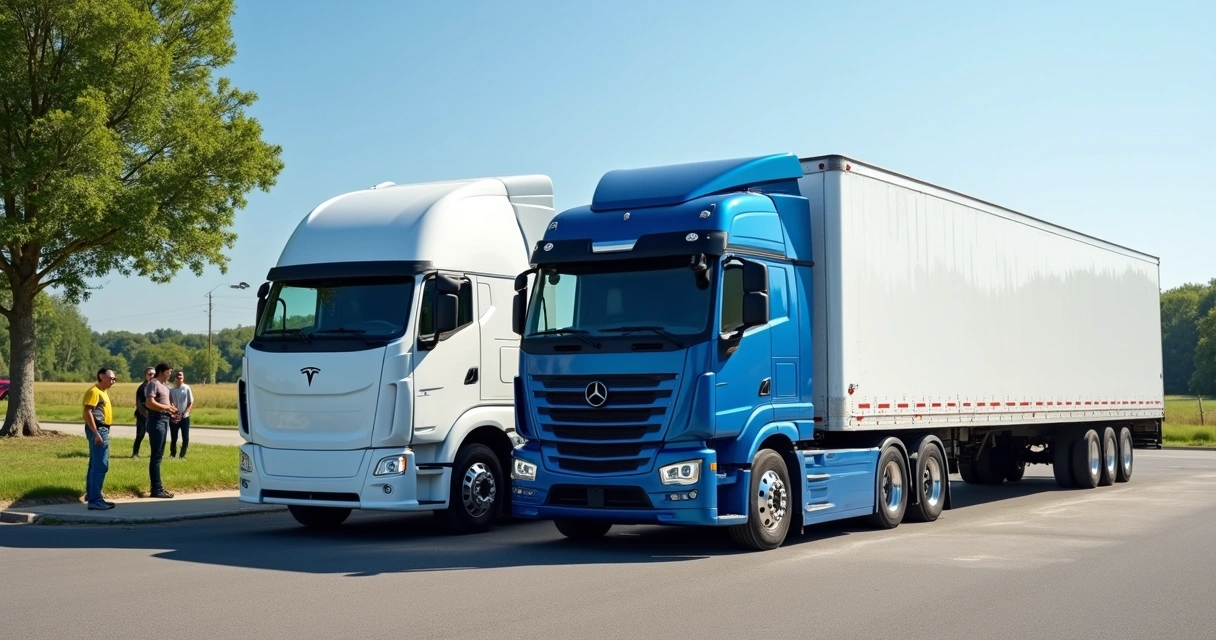 Tesla Semi ao lado de caminhão a diesel