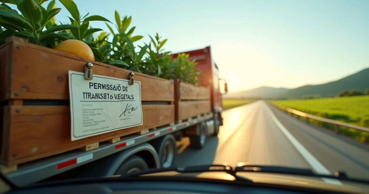 Caminhão transportando caixas de frutas na estrada, com destaque para documentos impressos