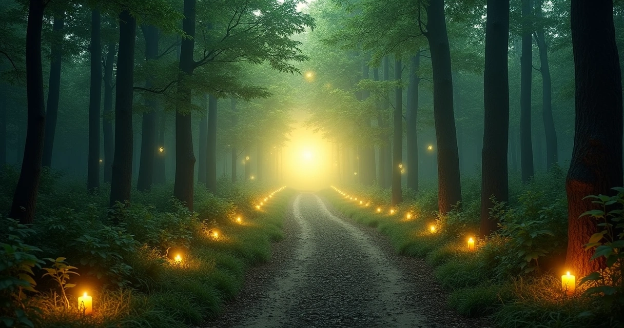 Trilha iluminada por velas em floresta densa e luz espiritual ao fundo 
