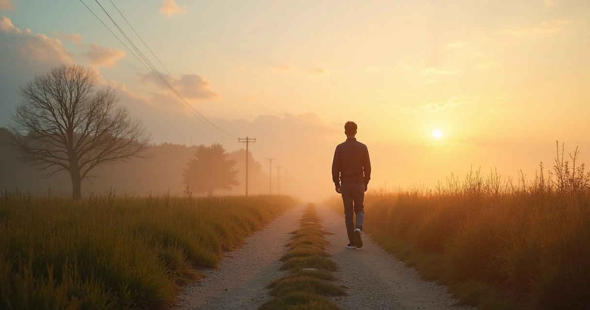 Pessoa caminhando em trilha ao amanhecer 