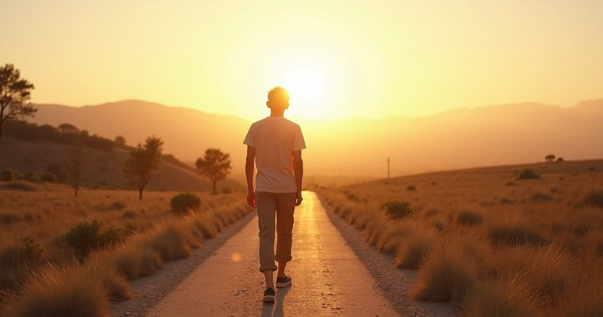 Pessoa caminhando em trilha ao amanhecer com luz suave