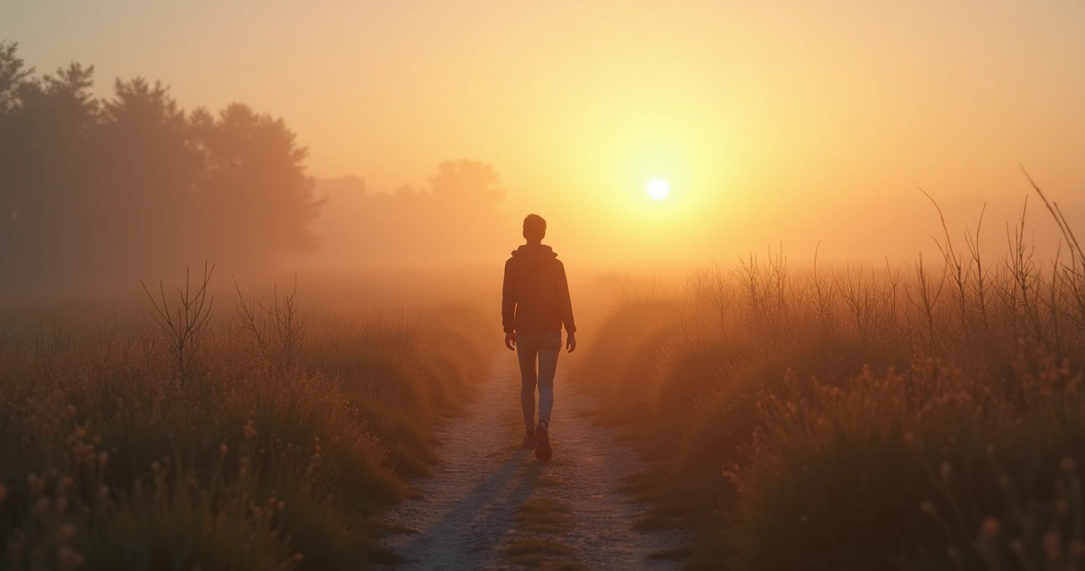 Pessoa caminhando por trilha ao amanhecer 