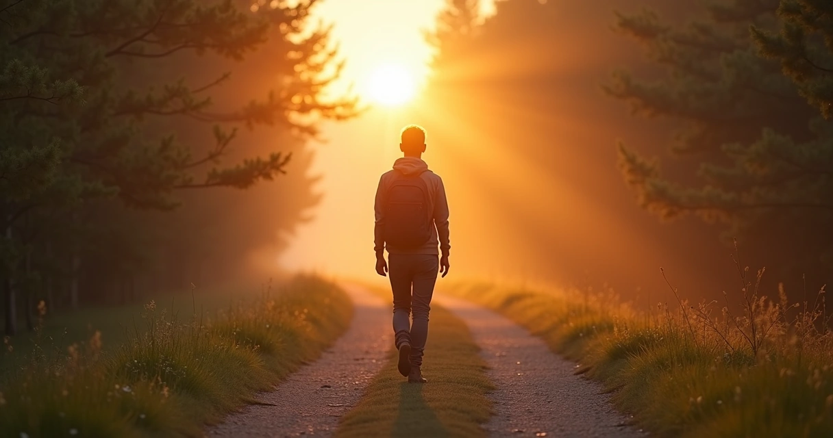 Pessoa caminhando em trilha ao amanhecer com luz dourada 
