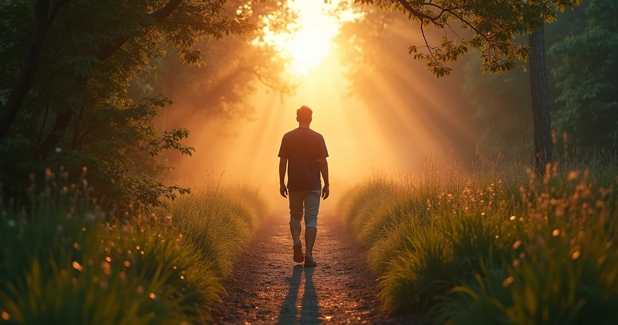 Pessoa caminhando em trilha ao amanhecer 