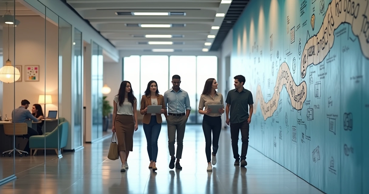 Equipe de escritório caminhando por corredor com símbolos de aprendizado nas paredes 
