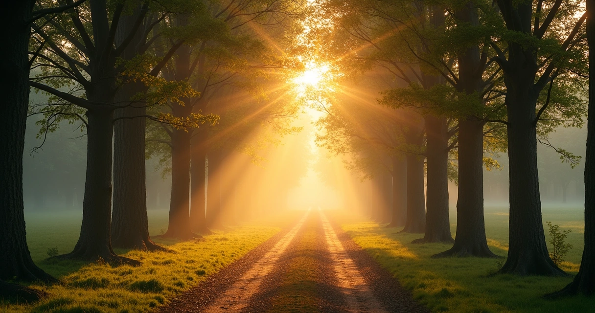 Caminho entre árvores com luz suave da manhã ao fundo 