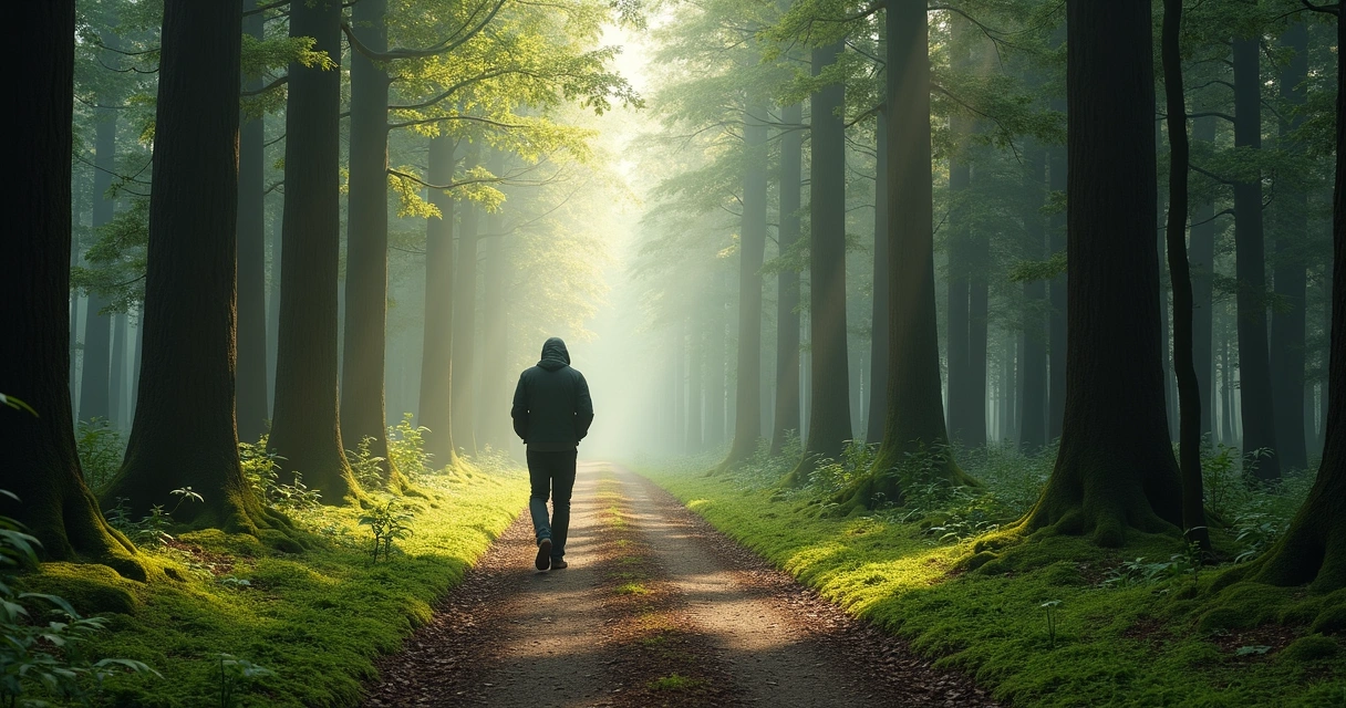 Pessoa caminhando sozinha em trilha cercada por natureza, transmitindo sensação de introspecção 