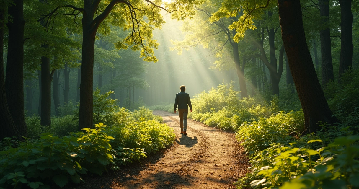 Pessoa caminhando por uma trilha em meio à floresta, representando escolhas individuais 
