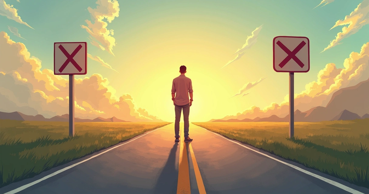 Ilustração de um caminho em bifurcação, uma trilha seguindo para autoboicote e outra para autorresponsabilidade 