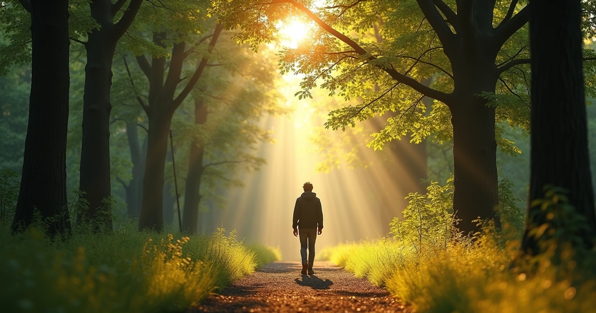 Pessoa caminhando sozinha em trilha na floresta ensolarada