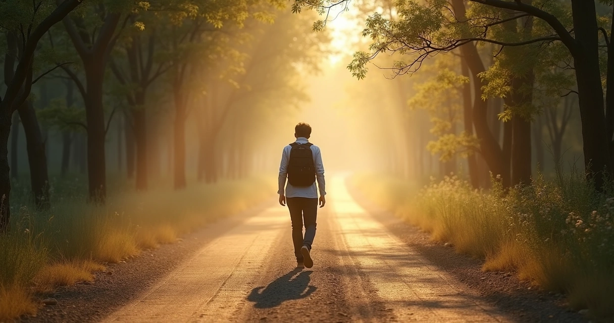 Pessoa caminhando por uma estrada com paisagem de natureza, ilustrando a busca pelo autoconhecimento.