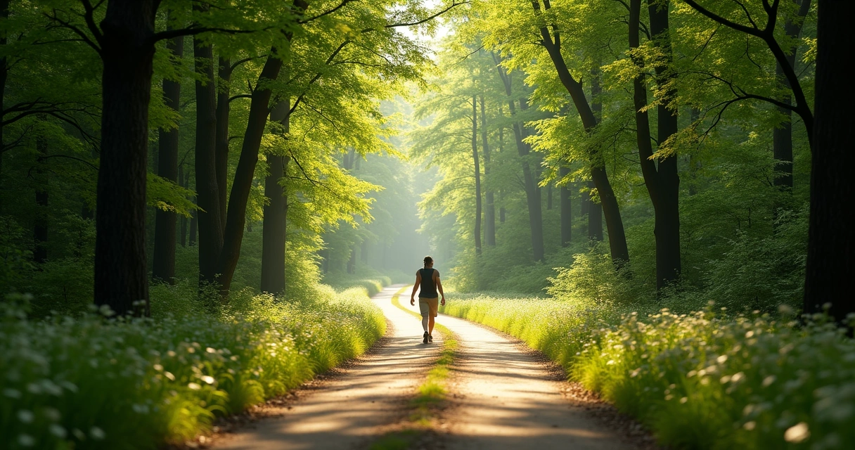Pessoa caminhando em trilha na natureza, tarde ensolarada, árvores e verde ao redor 