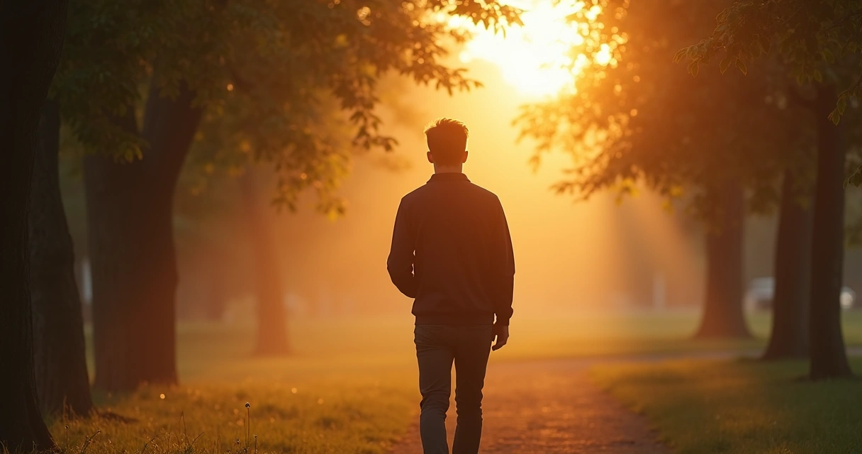 Pessoa caminhando em um parque durante o nascer do sol, simbolizando autoconhecimento 