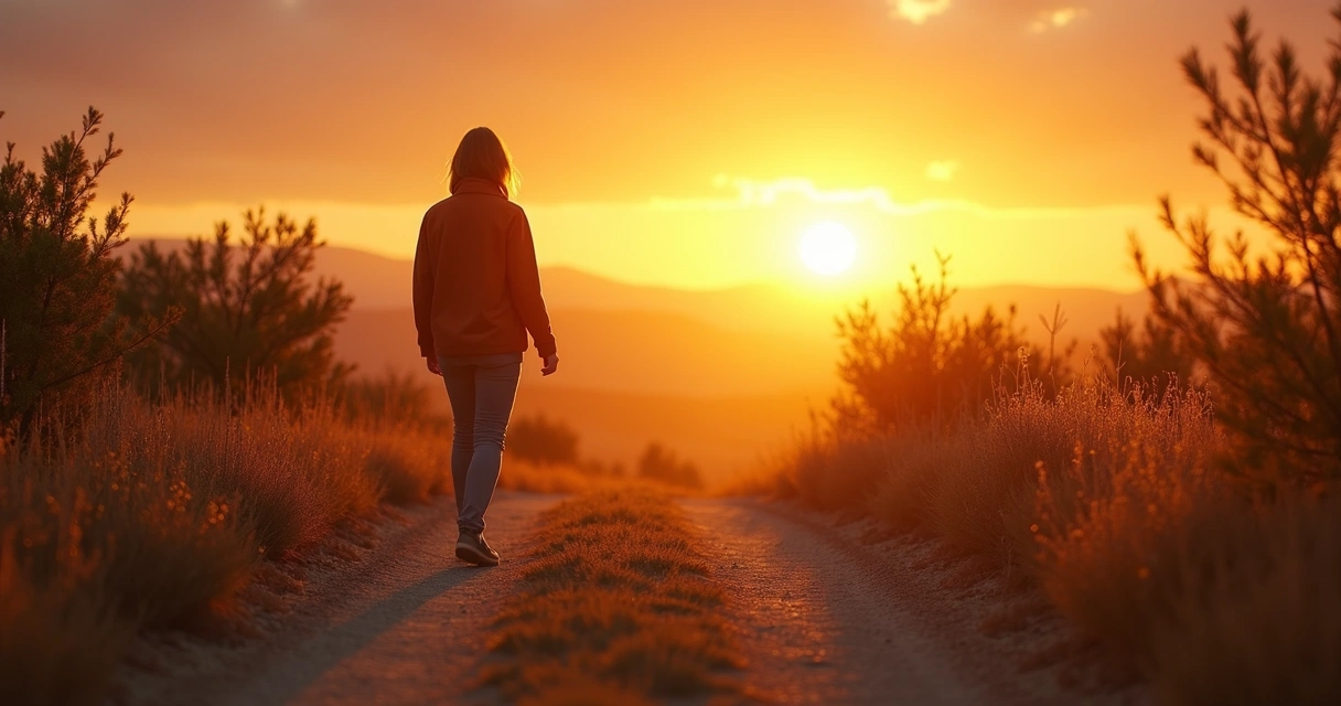 Pessoa caminhando em estrada de terra à luz do pôr do sol, rodeada de natureza e árvores baixas 
