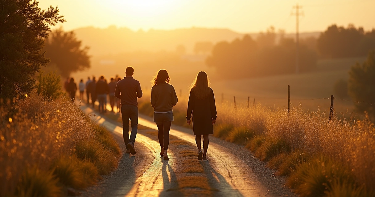 Pessoas caminhando em estrada no campo com luz suave ao entardecer 
