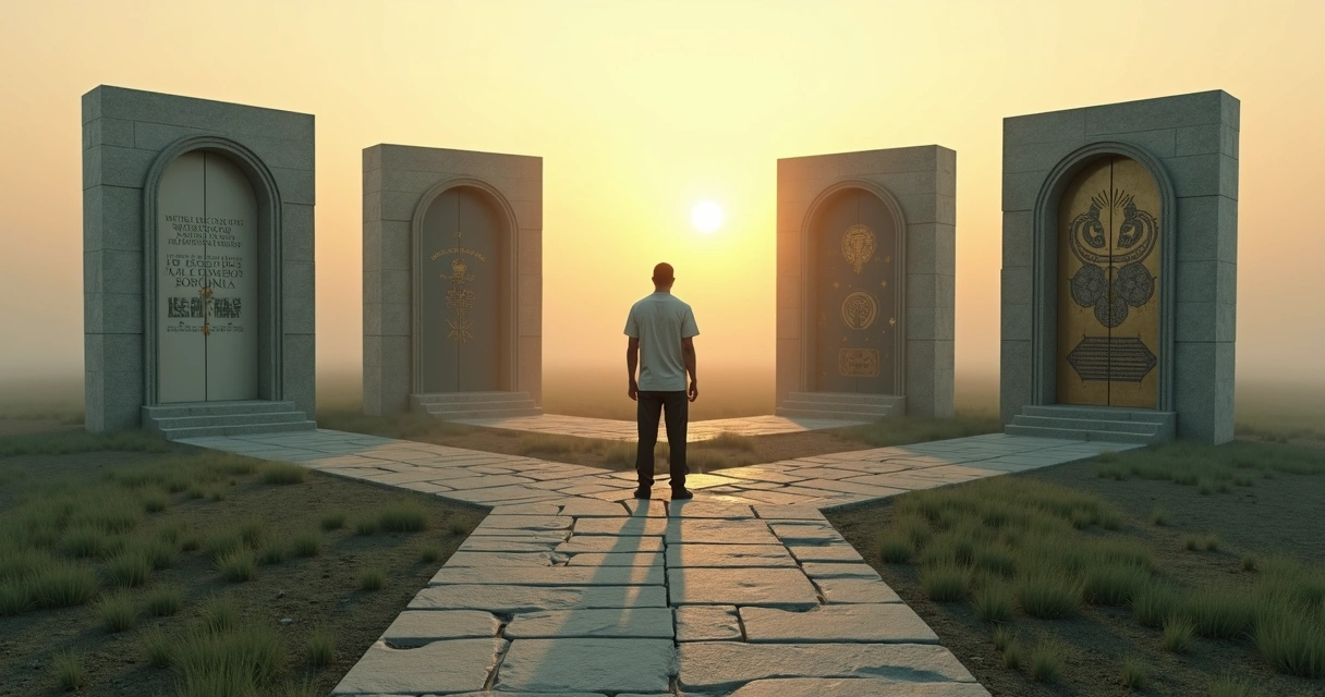 Pessoa em encruzilhada diante de quatro portas simbolizando armadilhas no autoconhecimento 