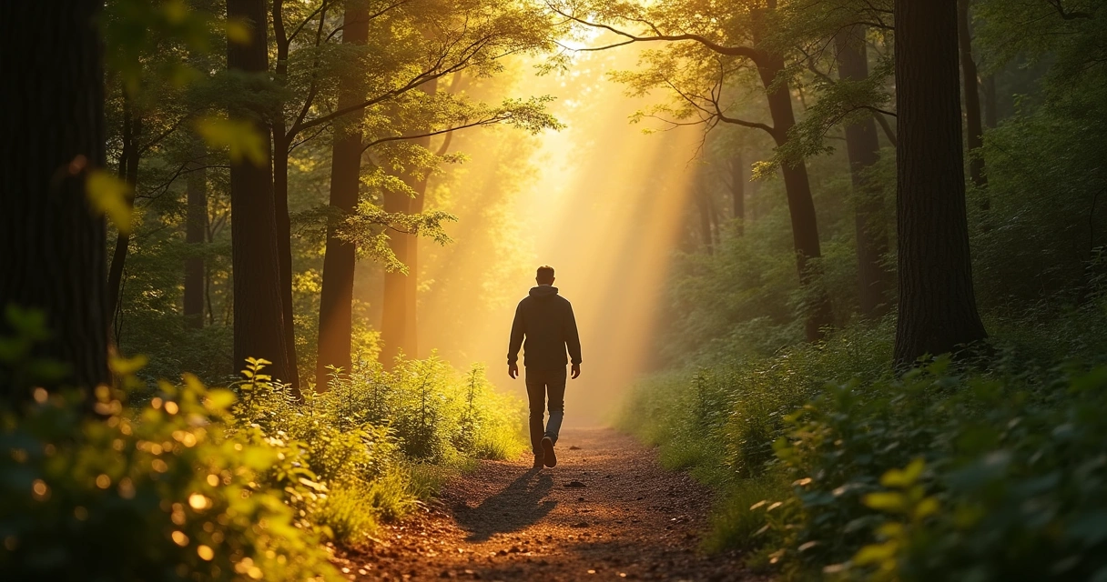 Pessoa caminhando sozinha por trilha em meio à floresta densa 