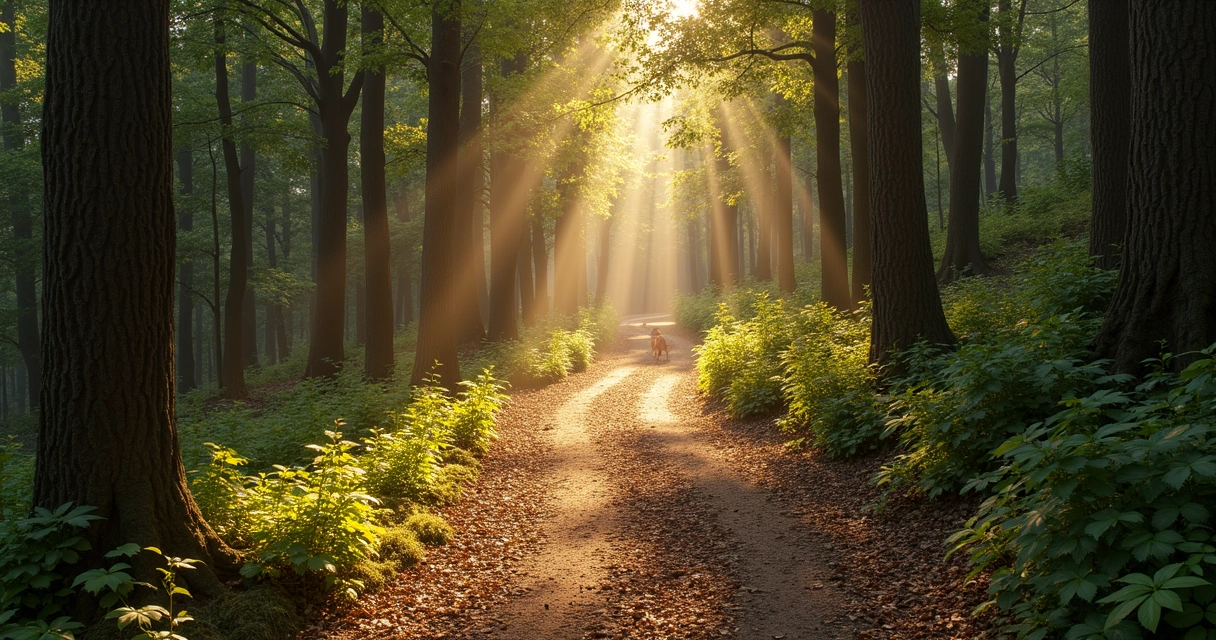 Trilha sinuosa em meio à natureza com árvores e luz do sol. 