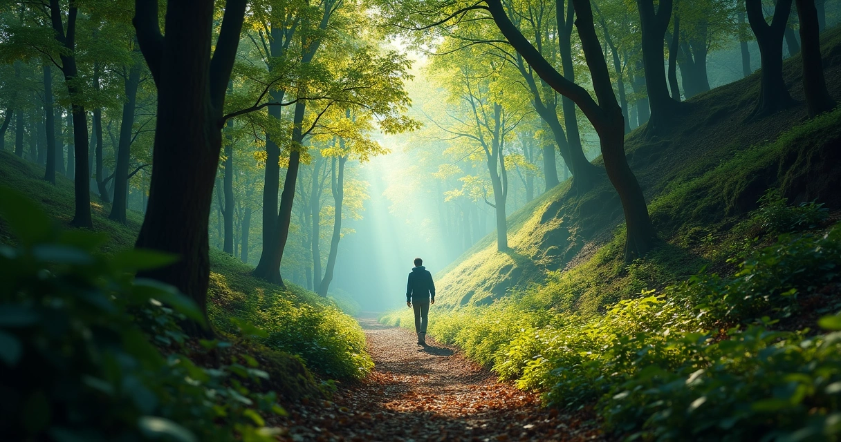 Pessoa caminhando em trilha cercada de natureza 