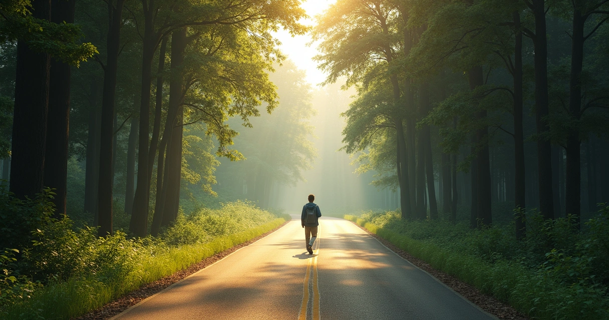 Pessoa caminhando por estrada sinuosa cercada por árvores 