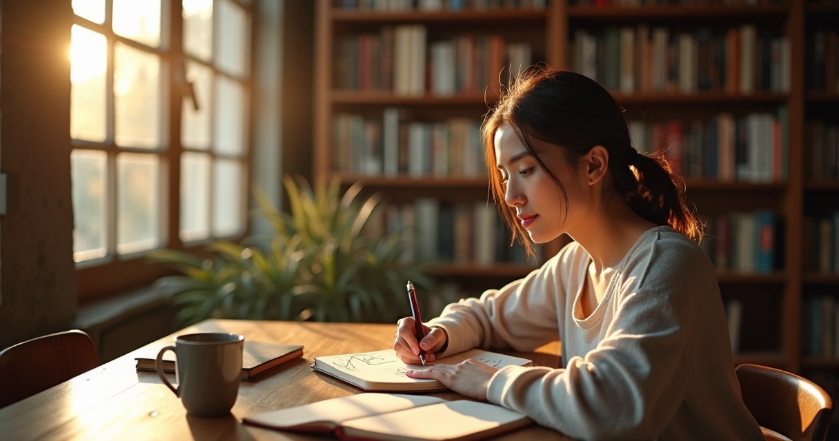 Pessoa em biblioteca escrevendo em caderno com sombras suaves projetadas na parede 
