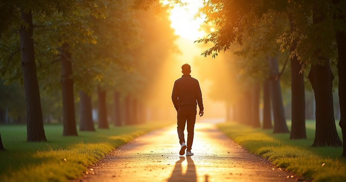 Pessoa caminhando sozinha em parque ao nascer do sol, ambiente calmo e sereno