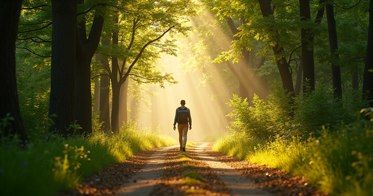 Pessoa caminhando em trilha ensolarada, rodeada por natureza 