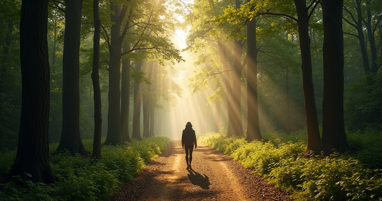 Pessoa caminhando sozinha em uma trilha rodeada de árvores, luz suave do sol passando pelas folhas